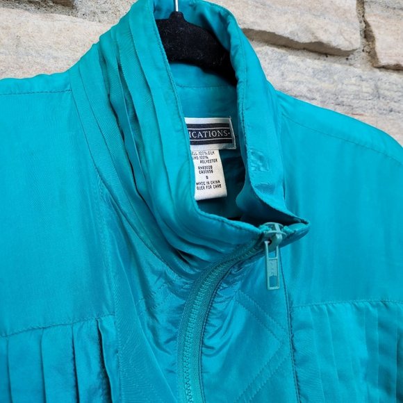 Vintage 90's 100% Silk Bright Turquoise Full Zip Retro Athleisure Jacket - Picture 11 of 16